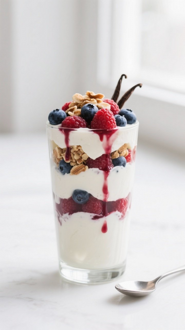 Straight-on parfait presentation: silken tofu and vegan Greek-style yogurt blended silky-smooth with vanilla plant protein powder, maple syrup to taste, and vanilla extract; layered in a tall glass with mixed berries (blueberries, raspberries) and almond crunch on top; glossy berry juices streaking the sides, spoon leaning on the rim; cool white background and soft window light highlighting creamy texture and vibrant berry colors.