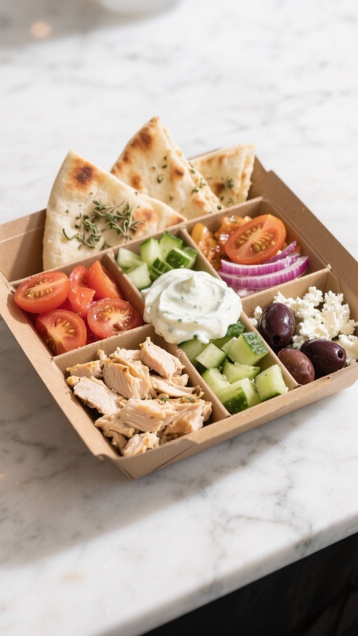 Straight-on plated Greek chicken pita box arrangement: chopped cooked chicken, halved cherry tomatoes, diced cucumber, sliced red onion, halved Kalamata olives, and crumbled feta in neat sections with a dollop of thick tzatziki center stage; warm pita wedges tucked behind, sprinkled with dried oregano; shot in a bento-style container on a white marble counter for a bright Mediterranean vibe.