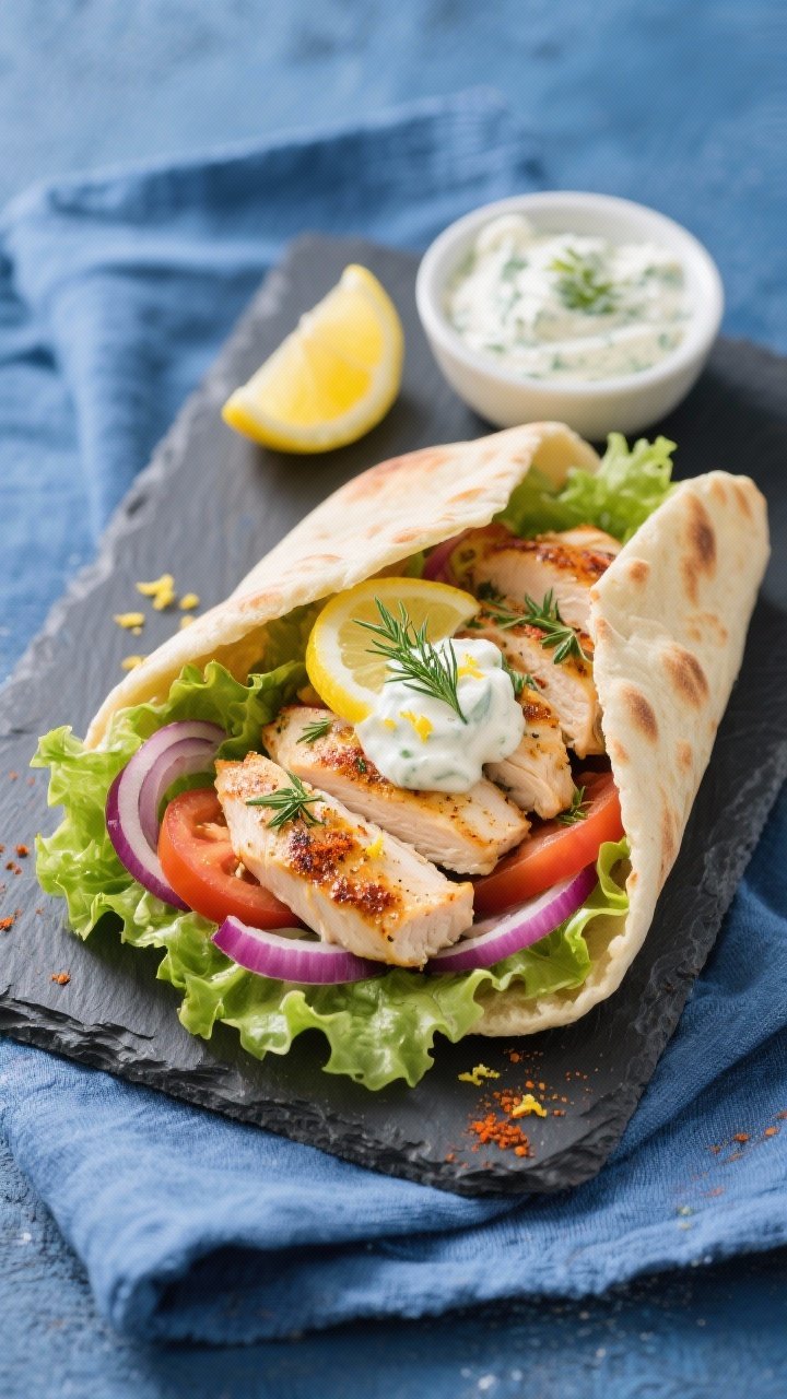 Straight-on, plated Greek chicken pita pockets: thinly sliced lemon-oregano chicken breasts seared with olive oil, paprika, garlic powder, salt and pepper, tucked into warm pita with crunchy lettuce, tomato, red onion, and a generous dollop of creamy tzatziki; garnished with lemon zest and fresh dill; presented on a slate board with a small bowl of tzatziki and lemon wedges, Mediterranean blue linen in the background.