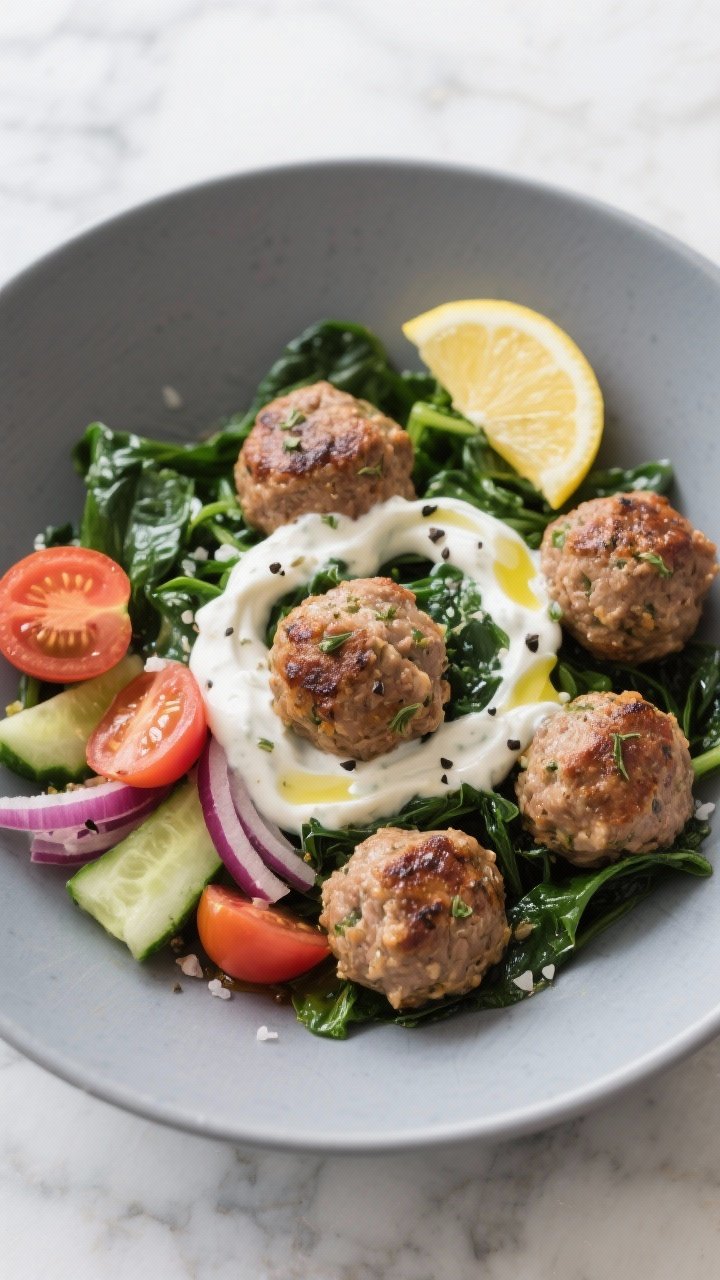 Straight-on plated Greek Turkey Meatball Bowl: juicy turkey meatballs (oregano, garlic, cumin) seared to a browned exterior, nestled with wilted greens (spinach/chard) and a generous swoosh of creamy tzatziki. Include sliced cherry tomatoes, cucumber, red onion, and a sprinkle of black pepper and kosher salt. Finish with lemon wedge and a drizzle of olive oil. Minimalist gray plate on marble, crisp Mediterranean palette, sharp focus on meatball texture and tzatziki swirls.
