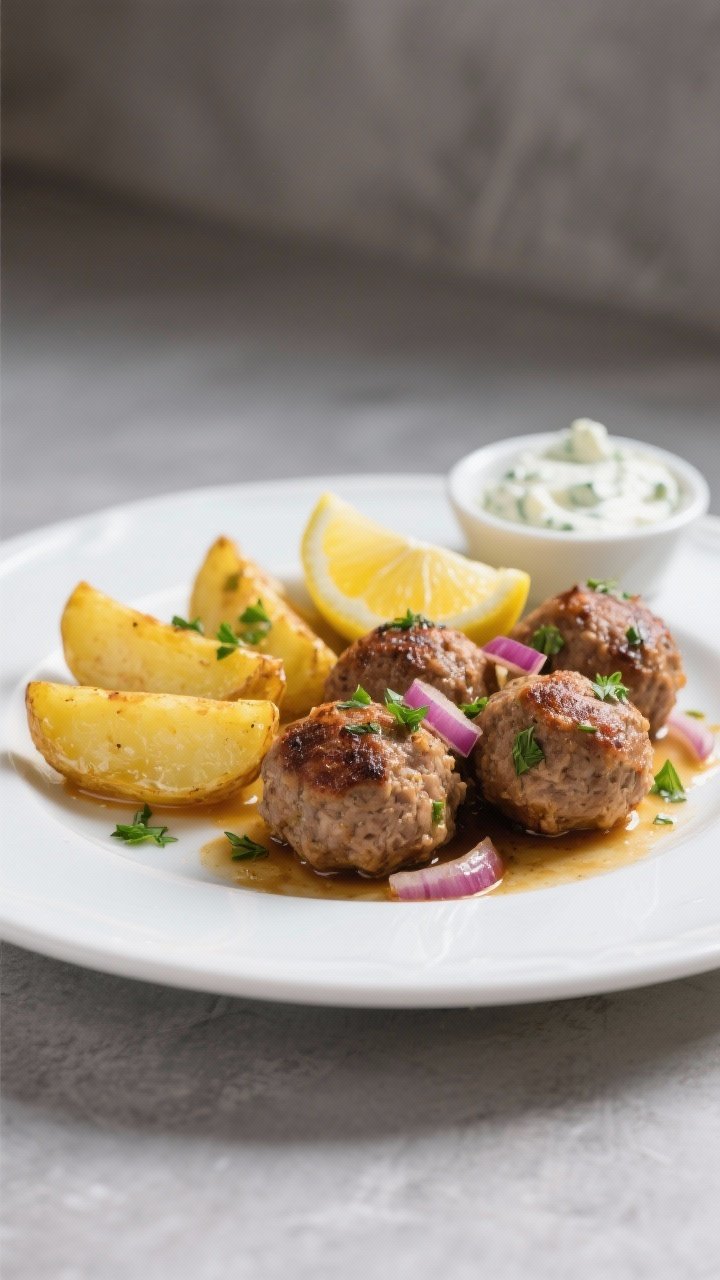 Straight-on plated Greek turkey meatballs with lemon potatoes: juicy browned turkey meatballs flecked with oregano and red onion, nestled beside golden, wedge-cut lemon potatoes with glossy edges. Drizzle of pan juices, sprinkle of chopped parsley, lemon slices and a small dish of tzatziki in the background. White ceramic plate against a muted slate backdrop, soft natural light highlighting the meatball crust.