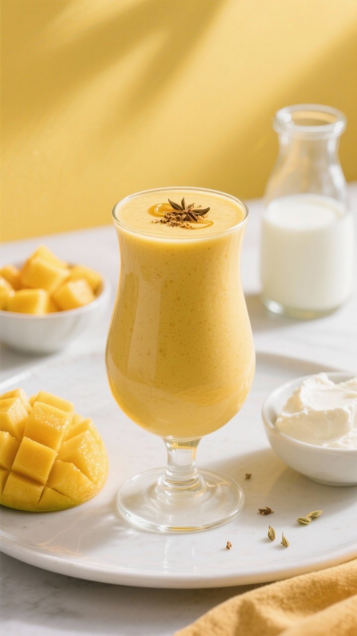 Straight-on plated presentation of a mango lassi protein smoothie in a curvy glass, sunlit golden hue with silky body. Garnish with a pinch of ground cardamom on top and a tiny swirl of honey. Place bowls of frozen mango chunks, plain Greek yogurt, and silken tofu nearby, plus a small carafe of cold milk/water. Background in bright, airy yellows and whites to emphasize sunny vibes; clean minimalist styling, creamy textures emphasized.
