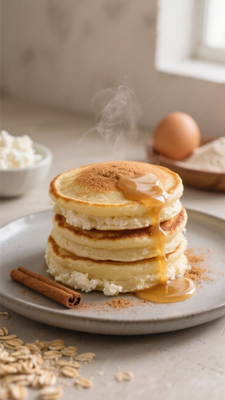 Straight-on plated presentation of fluffy cottage cheese pancakes stacked high on a matte plate: golden edges, tender crumb from cottage cheese and oat flour, steam faintly visible. Drizzled with a glossy cinnamon-sugar Greek yogurt sauce pooling down the sides, finished with a dusting of cinnamon and a drizzle of maple syrup. Ingredients subtly included in background: a small bowl of cottage cheese, eggs, and oat flour. Warm neutral backdrop, natural window light, crisp focus on pancake texture, no people.
