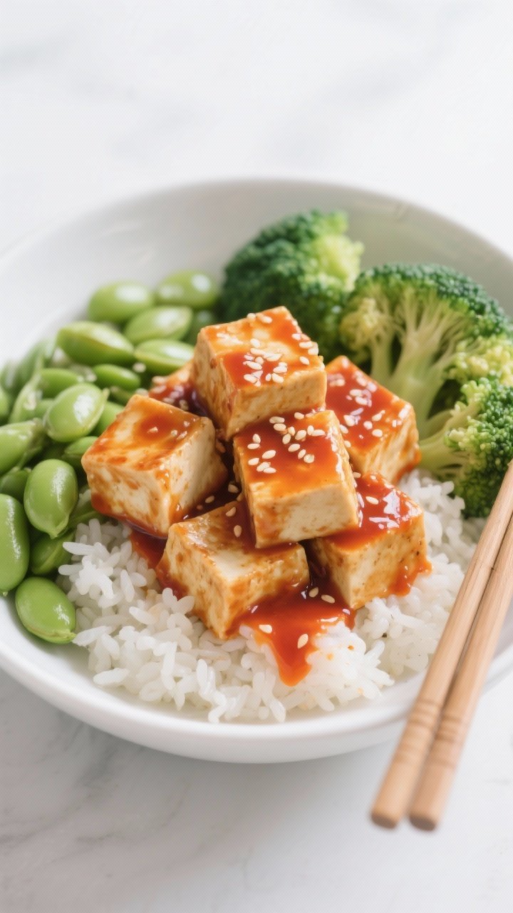 Straight-on plated presentation of Gochujang Tofu Meal Prep Bowls With Edamame Rice: crisp gochujang-glazed tofu cubes (light cornstarch crisp) stacked over jasmine rice mixed with bright green edamame, flanked by vivid steamed broccoli florets; glossy red-orange sauce pooling slightly, sesame sprinkle, in a minimalist white bowl with chopsticks, clean background, soft daylight for a modern Korean-inspired vibe.