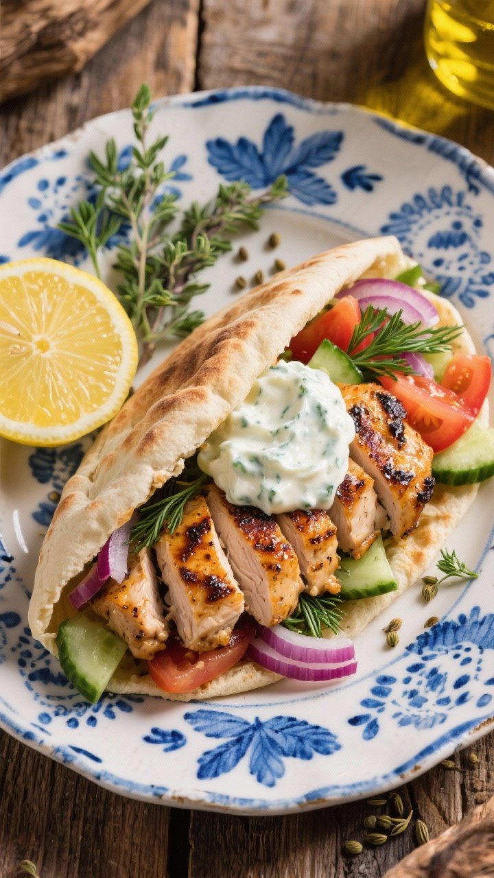 Straight-on plated presentation with Mediterranean flair: juicy grilled Greek chicken thighs sliced and tucked into warm pita with crisp cucumber, tomato, red onion, and dill; a generous swoop of creamy tzatziki front and center; ingredients emphasized with lemon halves, oregano sprigs, coriander seeds, olive oil sheen; cool blue-and-white ceramic plate and rustic wood backdrop evoke Greek taverna warmth.