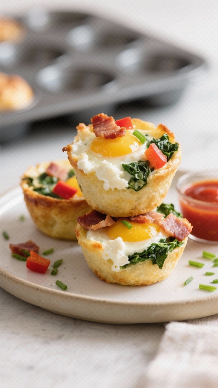 Straight-on plated Savory Cottage Cheese Egg Bites With Turkey Bacon and Greens: muffin-tin egg bites cut open to reveal creamy cottage cheese curds, chopped spinach, finely diced red bell pepper, melted mozzarella, and bits of turkey bacon; stacked on a small plate with a side of hot sauce and fresh chives; soft morning light, airy brunch vibe, sharp detail of custardy interior.