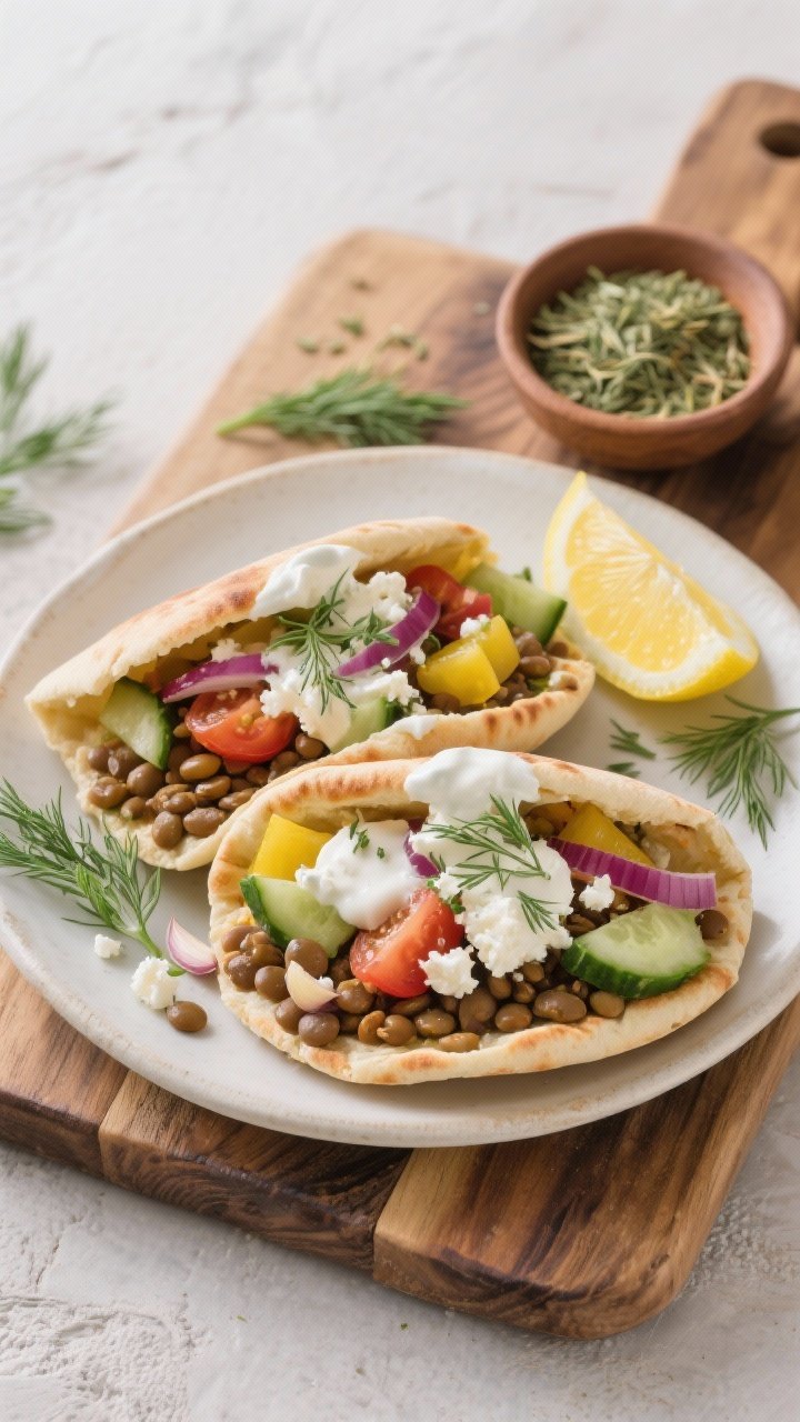 Straight-on plated scene of Greek-Style Lentil Pitas with Lemon Feta Sauce: warm pita pockets stuffed with oregano- and cumin-scented brown lentils, diced yellow onion, and garlic; topped with cucumber, tomato, red onion, and crumbled feta; drizzled generously with a zesty lemon-feta yogurt sauce; garnished with fresh dill and a wedge of lemon; rustic wooden board with a small bowl of the sauce and a sprinkle of dried oregano nearby.