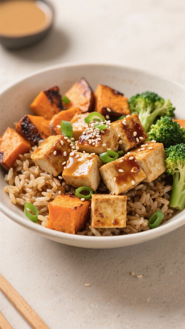 Straight-on power bowl composition: miso-glazed extra-firm tofu cubes (pressed, tossed in cornstarch, baked until crisp) over brown rice, with roasted sweet potato cubes and charred broccoli florets; drizzle of savory miso-ginger dressing, sprinkle of sesame seeds and sliced scallions; warm neutrals with pops of orange and green; clean, modern styling, no people.