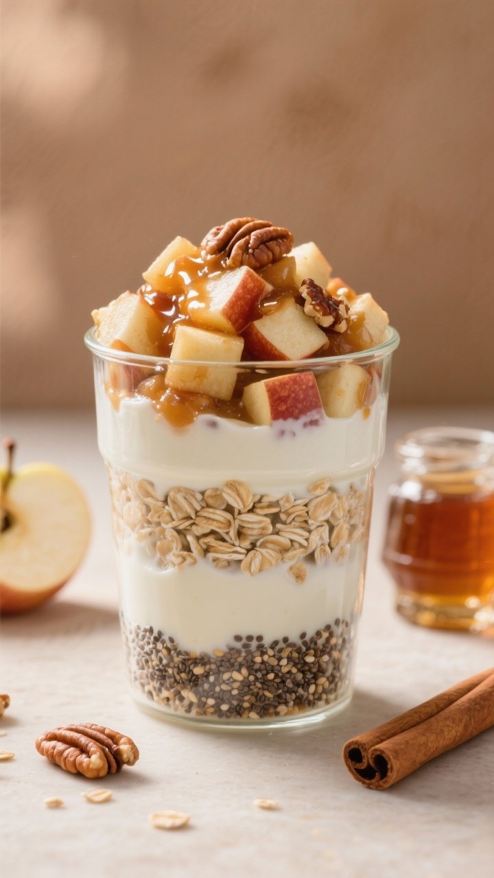 Straight-on shot of Apple Pie Protein Oats layered in a clear tumbler: oats with milk, vanilla/plain Greek yogurt, vanilla/unflavored protein, and chia seeds, crowned with a warm-looking diced apple compote (soft sautéed apple cubes), a glossy maple drizzle, and chopped pecans; a cinnamon stick and a tiny jar of maple syrup in the background; warm, cozy tones with soft side lighting highlighting apple gloss and pecan texture.