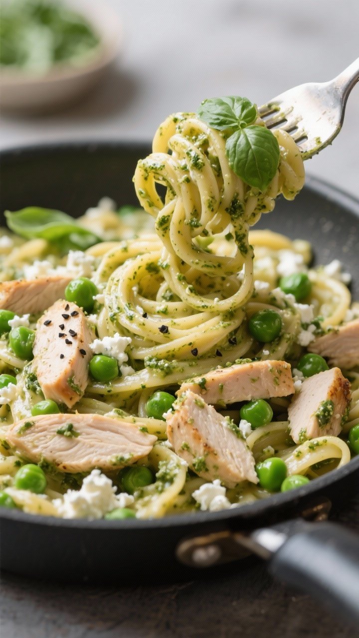 Straight-on shot of creamy cottage cheese pesto pasta with chicken and peas being served: high-protein whole wheat pasta coated in a silky cottage cheese–basil pesto sauce, studded with sweet green peas and seared cubed chicken breast; cracked black pepper and a light olive oil drizzle on top, flecks of basil; twirls of pasta lifted by tongs from a shallow skillet, emphasizing velvety texture.