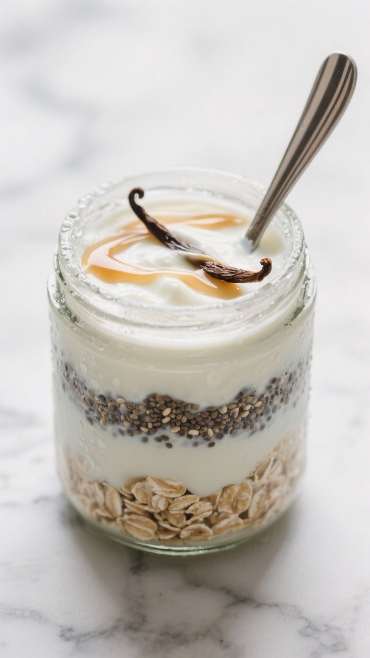 Straight-on shot of overnight high-protein oats in a clear glass jar to show layers: creamy oats mixed with milk, Greek yogurt, and chia seeds, with a ribbon of vanilla and a light drizzle of maple syrup on top; condensation on the jar, subtle milkshake vibes with a striped spoon, cool-toned marble backdrop.