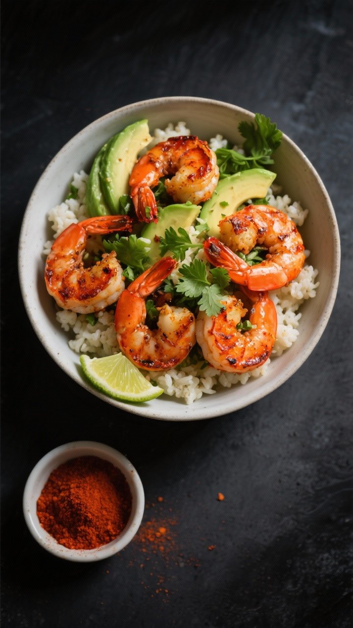 Straight-on shot of Smoky Paprika Shrimp Bowl: plump shrimp coated in smoked paprika, garlic powder, cayenne, and sea salt, seared until lightly charred and arranged over fluffy cauliflower rice; garnished with avocado slices, chopped cilantro, and lime zest with lime wedges; a small ramekin of paprika sits in frame; moody dark background to enhance the orange-red shrimp and bright green avocado; controlled highlights for succulent sheen.