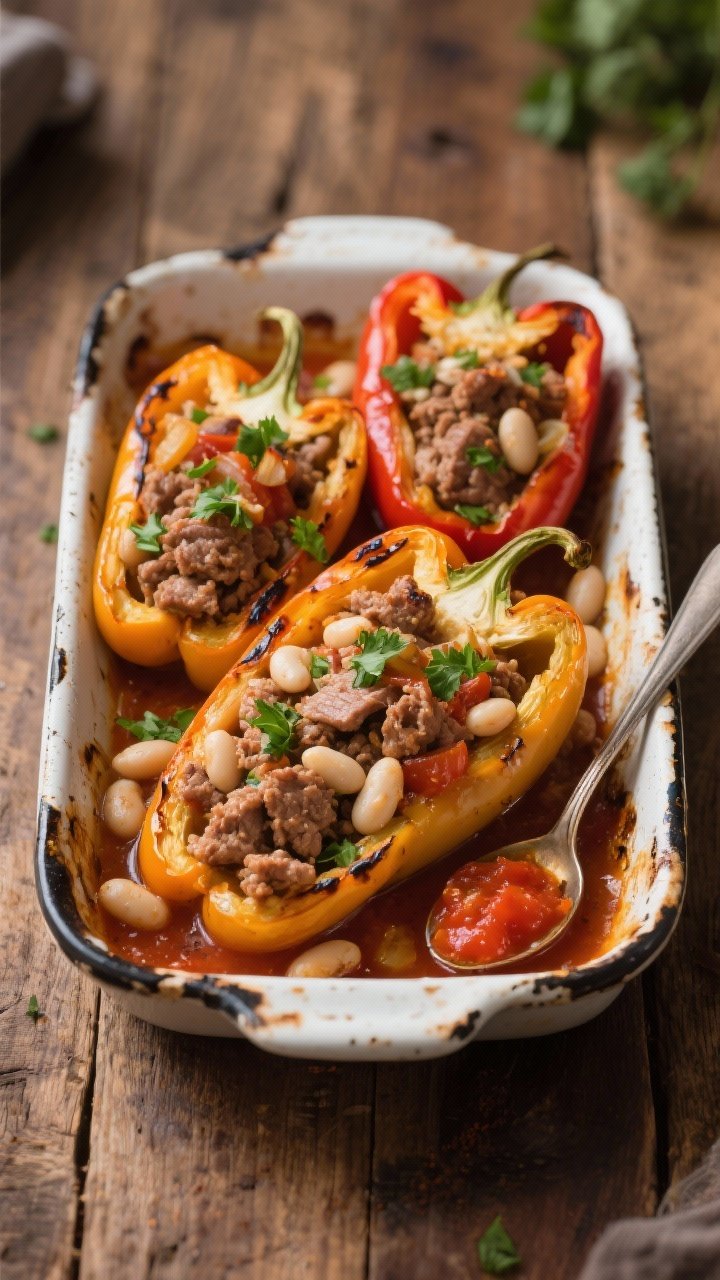 Straight-on shot of Smoky Turkey and White Bean Stuffed Peppers in a baking dish: halved bell peppers packed with a savory filling of lean ground turkey sautéed with onion, garlic, smoked paprika, and tender white beans; tops slightly blistered and juicy, a few charred edges; garnished with chopped parsley and a spoonful of tomato passata at the base for moisture; rustic enamel pan on a wooden table, warm, cozy, weeknight-dinner vibe.