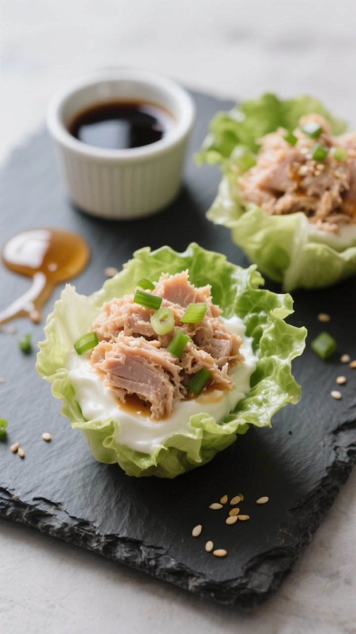 Straight-on shot of sweet-and-salty tuna crunch cups portioned in crisp lettuce leaves on a slate board: flaked tuna bound with Greek yogurt and a touch of mayonnaise, glossy from low-sodium soy sauce/tamari and rice vinegar, lightly sweetened with honey or maple. Garnish with finely chopped scallions and a few sesame seeds for crunch. A small ramekin of soy sauce and a drizzle trail of honey nearby; fresh, handheld snack vibe.