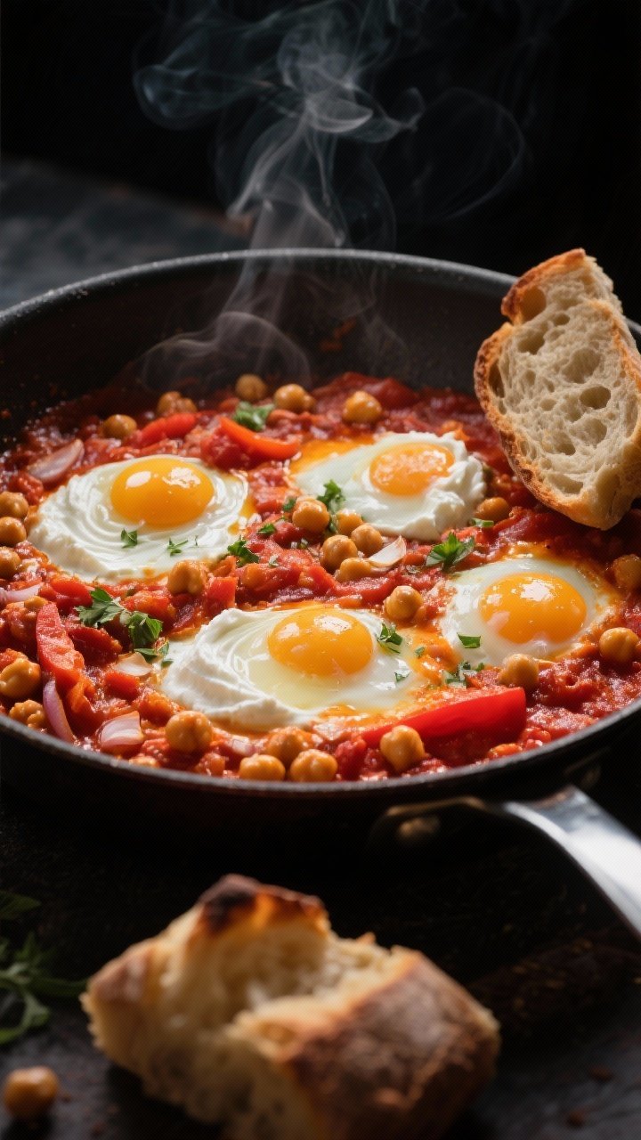 Straight-on simmering pan of Harissa Chickpea Shakshuka With Creamy Labneh: chunky tomato base with onions, red bell pepper, garlic, harissa, cumin, and smoked paprika, studded with chickpeas; eggs nestled with softly set whites and runny yolks; dollops of creamy labneh swirled, sprinkled with fresh herbs; crusty bread nearby for dipping; deep, fiery reds and oranges, moody side light highlighting steam.