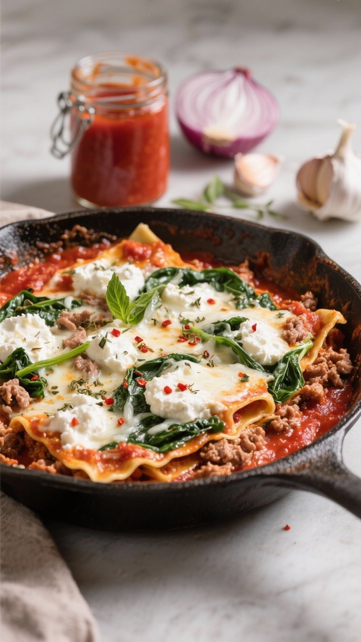 Straight-on skillet capture of cottage cheese lasagna skillet with spinach and turkey: saucy layers of marinara-coated ground turkey and wilted spinach swirled with creamy cottage cheese dollops, ribbons of melted mozzarella, and flecks of dried basil, oregano, and optional red pepper flakes on top; edges bubbling; a jar of marinara, diced onion, and garlic cloves staged nearby; comforting, rich reds and creamy whites emphasized with soft, directional light.