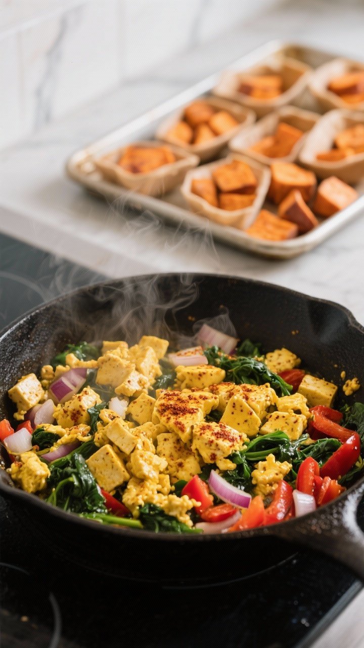 Straight-on skillet close-up of tofu scramble breakfast boxes being cooked: crumbled extra-firm tofu tinted golden with turmeric, speckled with smoked paprika, sautéed diced onion and red bell pepper, and wilted greens; in the background, roasted sweet potato cubes on a sheet pan ready to be packed; saturated colors, slight steam, clean modern kitchen backdrop.