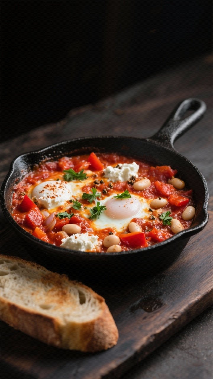 Straight-on skillet shot of Savory Cottage Cheese Shakshuka With White Beans: bubbling crushed tomato base spiced with cumin and smoked paprika, dollops of cottage cheese melting into creamy pockets, white beans visible throughout, diced red bell pepper and onion peeking through; garnished with parsley, served in a black cast-iron skillet with toasted bread on the side; cozy, low-key lighting emphasizing rich reds and creamy curds.