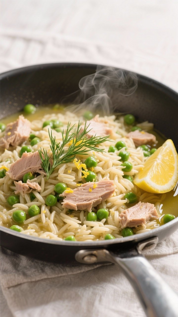 Straight-on skillet view of lemon-dill tuna orzo with peas: glossy orzo simmered in warm broth, folded with flaked tuna in olive oil and sweet green peas, finished with fresh dill and lemon zest. Lemon wedges and a drizzle of olive oil catch the light, steam rising. Served in a wide stainless skillet on a pale linen, clean and comforting, Mediterranean spring mood.