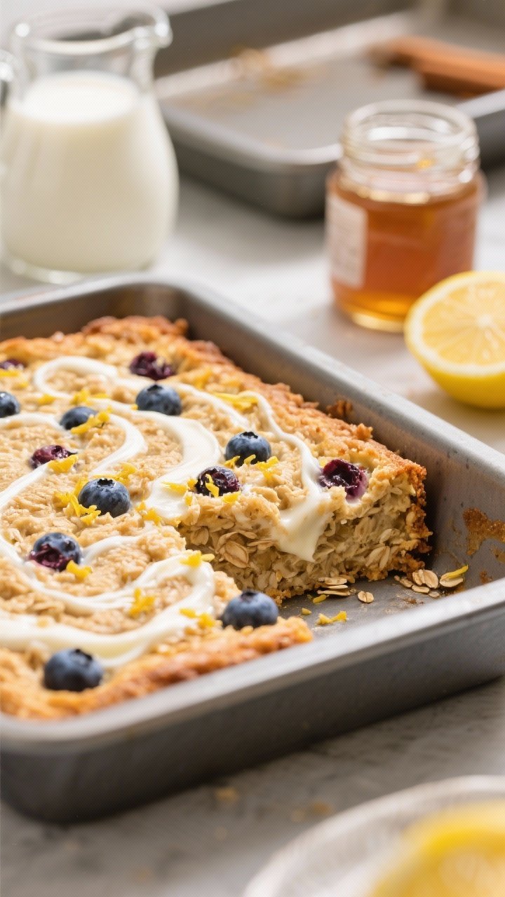 Straight-on slice reveal of blueberry lemon baked oatmeal with Greek yogurt swirl: a golden-brown pan square studded with juicy blueberries, ripples of tangy yogurt marbled through the top, hints of cinnamon. A lemon zest sprinkle adds brightness; a pitcher of milk, jar of maple syrup/honey, and the baking pan in background. Soft natural light highlights moist crumb and bursting berries, inviting brunch feel.