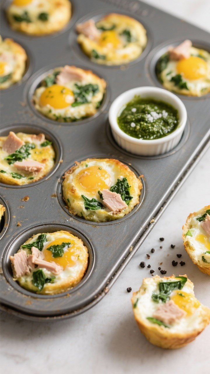 Straight-on tray shot of turkey, spinach, and pesto egg bites: muffin tin filled with puffed, golden egg bites showing flecks of chopped baby spinach and diced turkey, interiors creamy from cottage cheese and milk; a small ramekin of vivid green pesto for dipping, salt and black pepper visible on top; a few egg bites cut open to reveal tender texture; clean breakfast styling.
