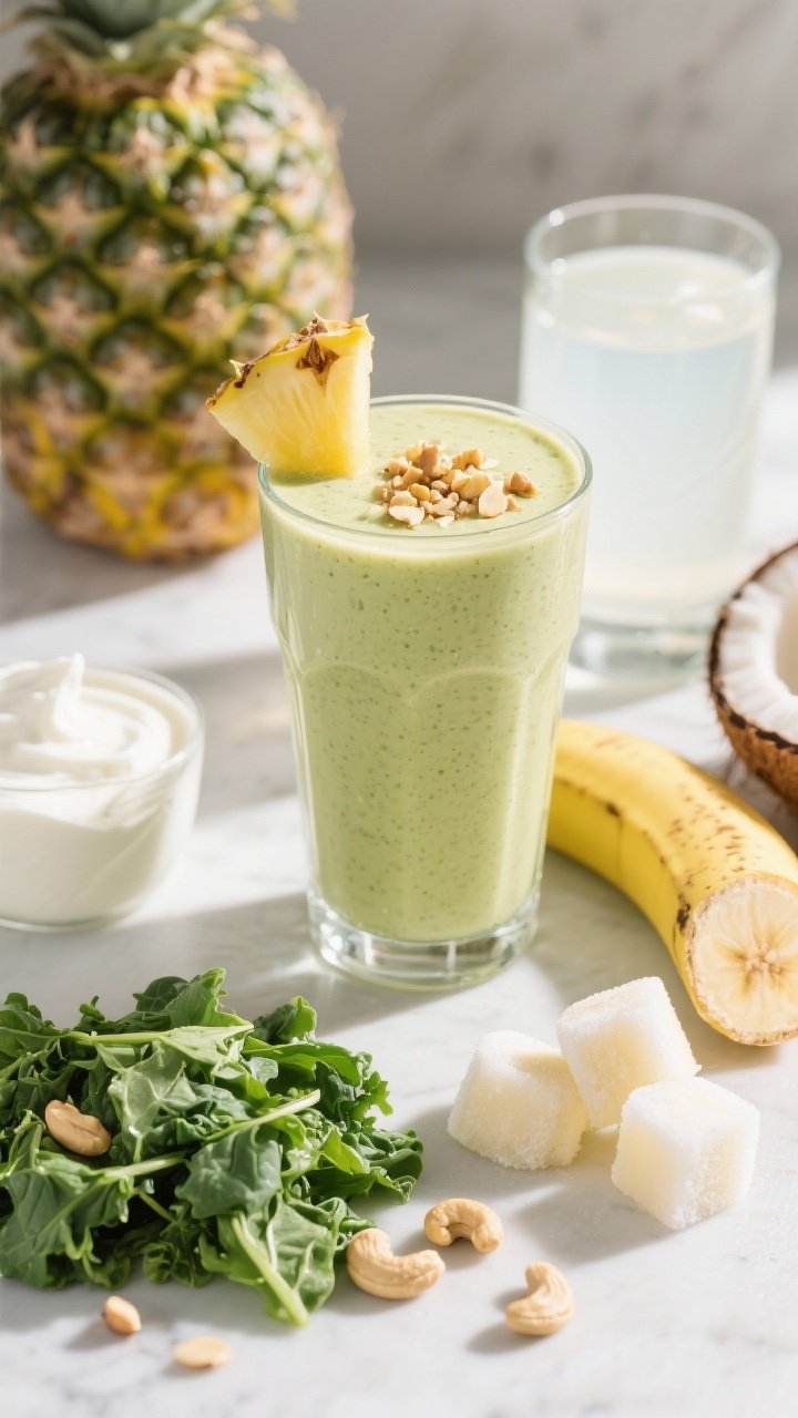 Straight-on tropical greens protein smoothie in a tall clear glass with a creamy pale green hue, topped with a tiny pineapple wedge and a sprinkle of finely chopped cashews. Arrange frozen pineapple chunks, half a frozen banana, a pile of baby kale/spinach, soaked and drained raw cashews, Greek yogurt, and a glass of coconut water around it. Bright tropical light, fresh greens and sunny yellows, crisp and refreshing presentation.
