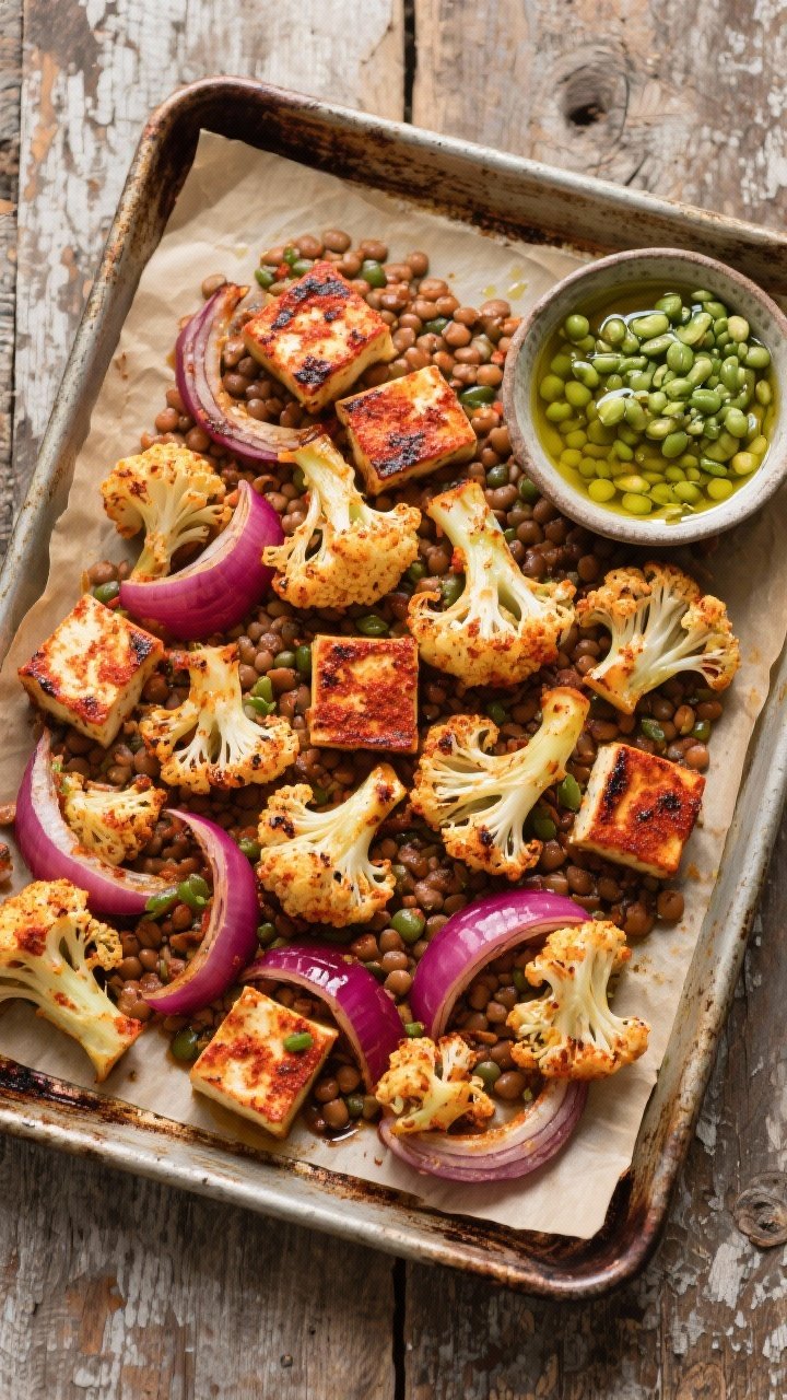 Wide sheet-pan, overhead capture of Tandoori-Spiced Lentil & Paneer Sheet Pan Meal: roasted paneer cubes with charred edges, cauliflower florets with tandoori-red crust, wedged red onions caramelized at the tips, all on parchment with a small bowl of cooked green lentils on the side; drizzle of avocado oil glistening, warm spice tones, rustic metal pan on a worn wooden surface for Indian-inspired warmth.