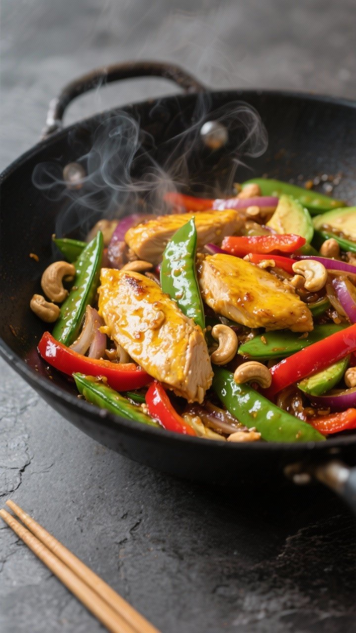 45-degree action shot: Turmeric-ginger chicken stir-fry sizzling in a black wok, thinly sliced chicken breast pieces coated in a golden turmeric-ginger glaze. Crisp sugar snap peas, red bell pepper strips, and slivers of red onion popping with color; cashews scattered in for crunch. Avocado oil glistens, steam rising, set over a matte slate countertop with chopsticks nearby.