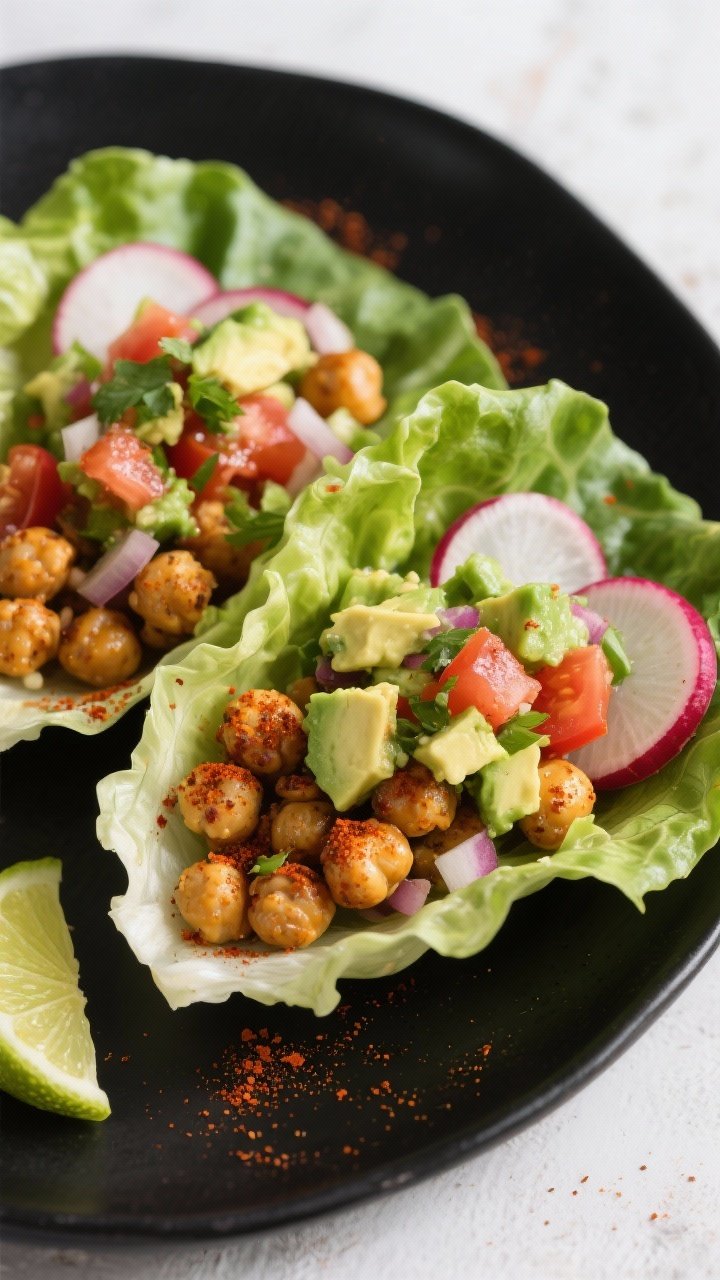 45-degree angle, plated Crunchy Chickpea “Taco” Lettuce Wraps: crisp romaine or butter lettuce cups filled with roasted chickpeas coated in chili powder, smoked paprika, cumin, and garlic powder, topped with chunky avocado pico (avocado, tomato, onion, cilantro, lime), garnished with thin radish slices and lime wedges; bright, punchy colors, matte black plate for contrast, sharp focus on crispy chickpea texture.