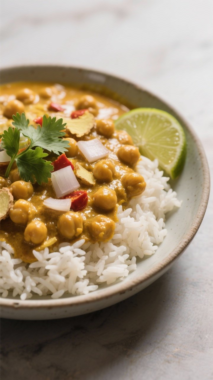 45-degree angle plated presentation of coconut-lime chickpea curry: golden, coconut-rich sauce with chickpeas, finely chopped onion, minced garlic, grated fresh ginger, red curry paste, and a hint of turmeric; finished with lime wedges and cilantro, served over fluffy jasmine rice in a shallow ceramic bowl; glistening surface from coconut oil, warm, cozy lighting evoking a comforting curry night.