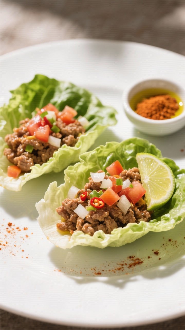 45-degree angle plated presentation of zesty turkey taco lettuce wraps: crisp butter lettuce cups filled with juicy lean ground turkey seasoned with chili powder and cumin, finely diced onion and minced garlic visible, garnished with diced tomatoes and a squeeze-ready lime wedge; clean, bright fiesta vibe on a white plate, light hitting the glossy turkey, a tiny drizzle of olive oil on the side and a small bowl of extra spice blend in frame