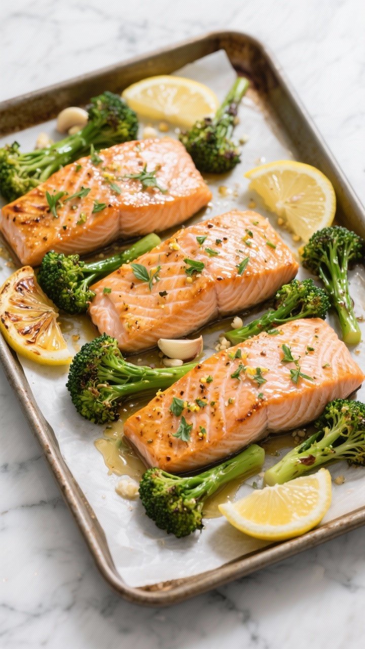45-degree angle sheet pan scene of lemon-herb salmon with garlicky broccolini straight from the oven: four skin-on salmon fillets lacquered with a glaze of Dijon, lemon zest and juice, honey, minced garlic, and olive oil; char-kissed broccolini spears nestled around, thin lemon slices caramelized on top, scattered fresh herbs; light coastal mood, crisp highlights on salmon skin, on a parchment-lined pan over a cool marble counter.