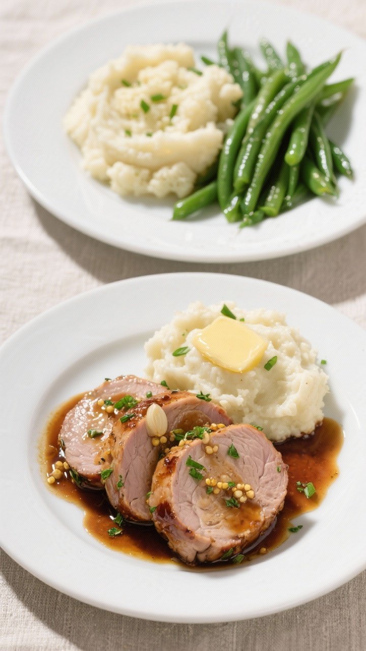 45-degree angle, tri-plate dinner of garlicky herb pork tenderloin with cauliflower mash and green beans: medallions of pork tenderloin glazed with a garlic, Dijon, balsamic, and chicken broth pan sauce, sprinkled with chopped herbs; creamy cauliflower mash with a pat of melted butter and chives; vibrant sautéed green beans with a slight sheen; presented on a white plate with sauce drizzled artfully, set on a neutral linen for a clean, elegant look.