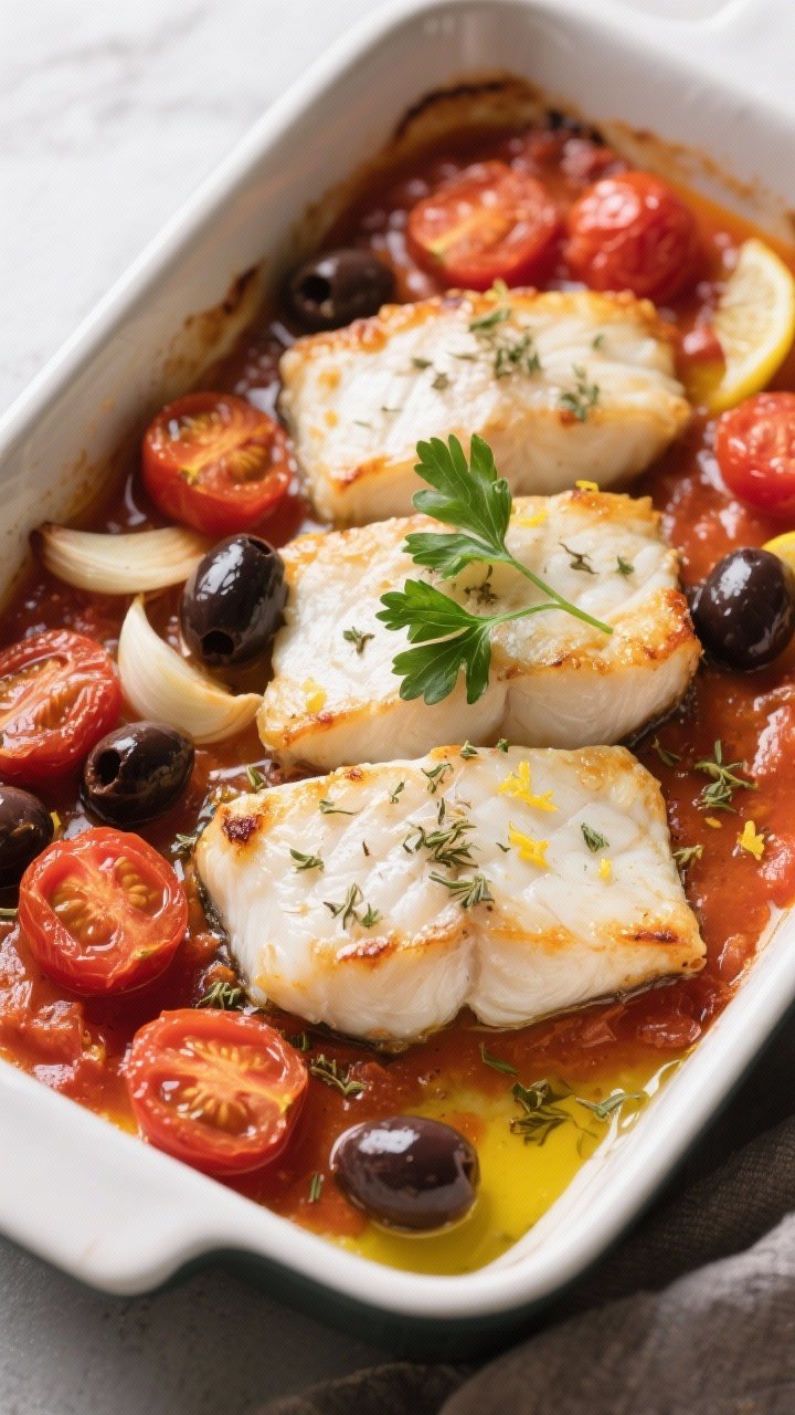 45-degree baking dish shot of Mediterranean baked cod: flaky white fillets nestled in a tomato-olive pan sauce with halved cherry tomatoes, Kalamata olives, thin garlic slices, dried oregano, and lemon zest; olive oil pooling slightly around the edges; garnished with fresh parsley; served right from the oven with caramelized tomato edges and glistening cod.