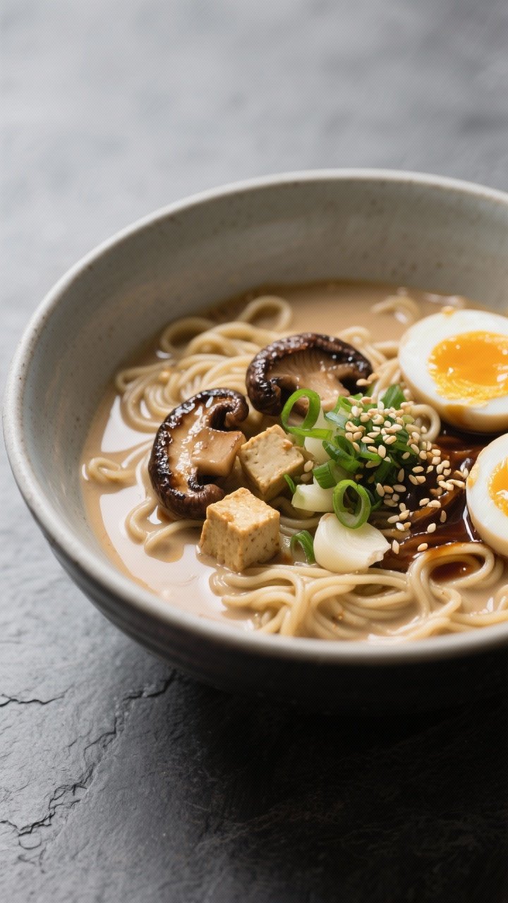 45-degree bowl shot of miso-tahini ramen: tangle of ramen noodles in a creamy miso-tahini broth, topped with charred cremini/shiitake mushrooms, jammy egg halves (or golden-crisp tofu cubes), minced garlic and grated ginger aroma implied; soy sauce depth, scallions and toasted sesame seeds sprinkled on top; glossy broth reflecting light, minimalist ceramic bowl on a slate surface, modern Japanese-inspired mood.