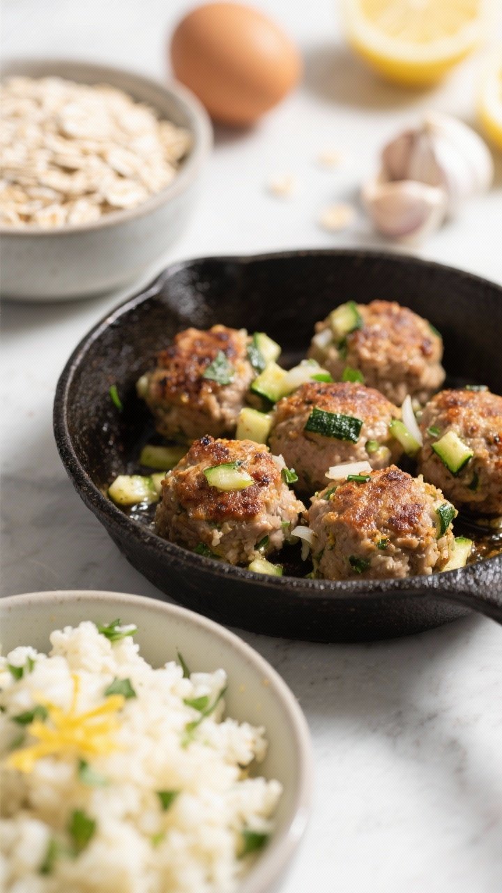 45-degree close-up of garlicky turkey zucchini meatballs sizzling in a cast-iron skillet, browned and juicy, flecks of grated zucchini and minced onion visible; a side bowl of fluffy zesty cauliflower rice with chopped herbs and lemon zest; raw ingredients—rolled oats (or almond flour), an egg, minced garlic—blurred in the background; bright, clean light, shallow depth of field.