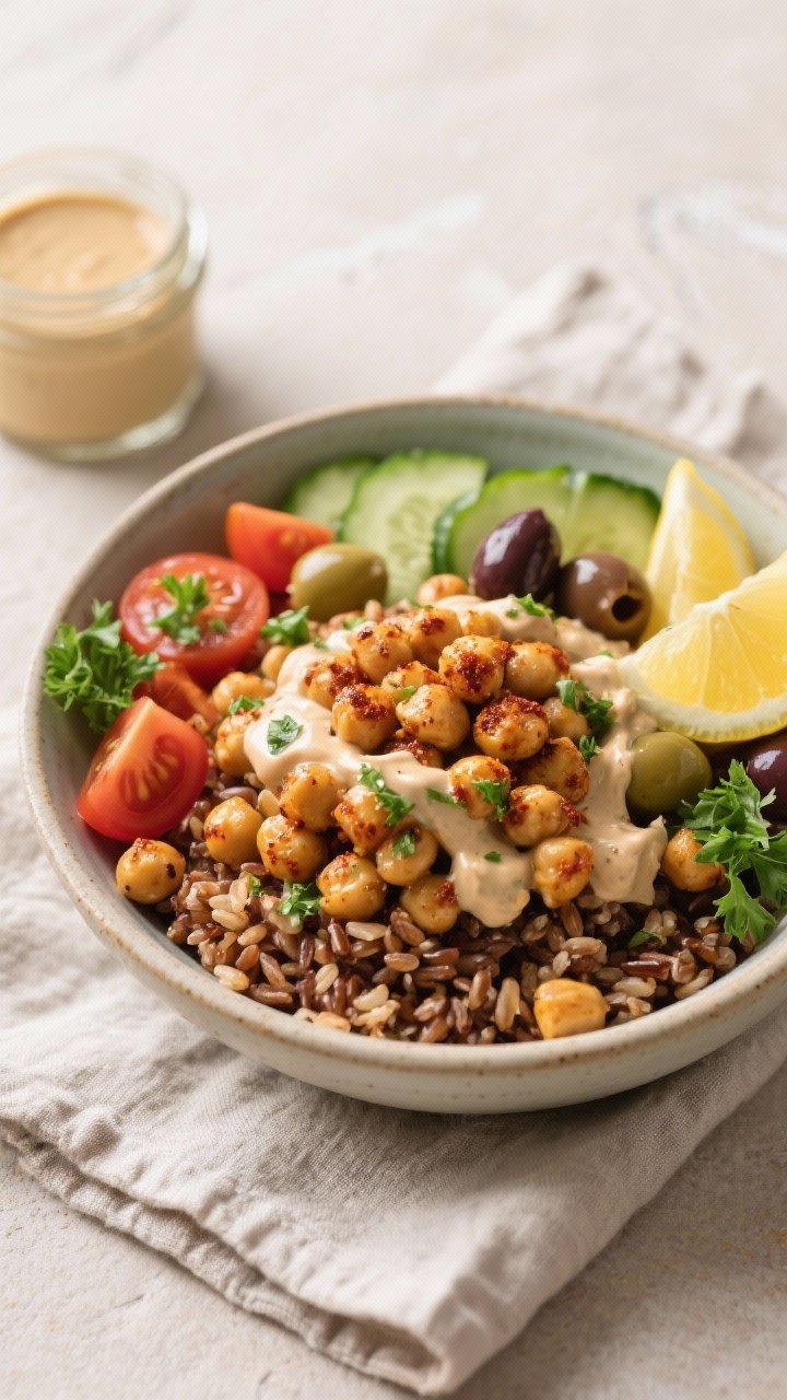 45-degree composed bowl: Mediterranean chickpea power bowls—smoked paprika and cumin-dusted chickpeas roasted to crisp, piled over a base of fluffy brown rice or quinoa. Topped with cucumber, cherry tomatoes, olives, and a generous drizzle of herby tahini. Lemon wedges and parsley scattered; served in a wide ceramic bowl on a linen with a small jar of tahini sauce in frame.