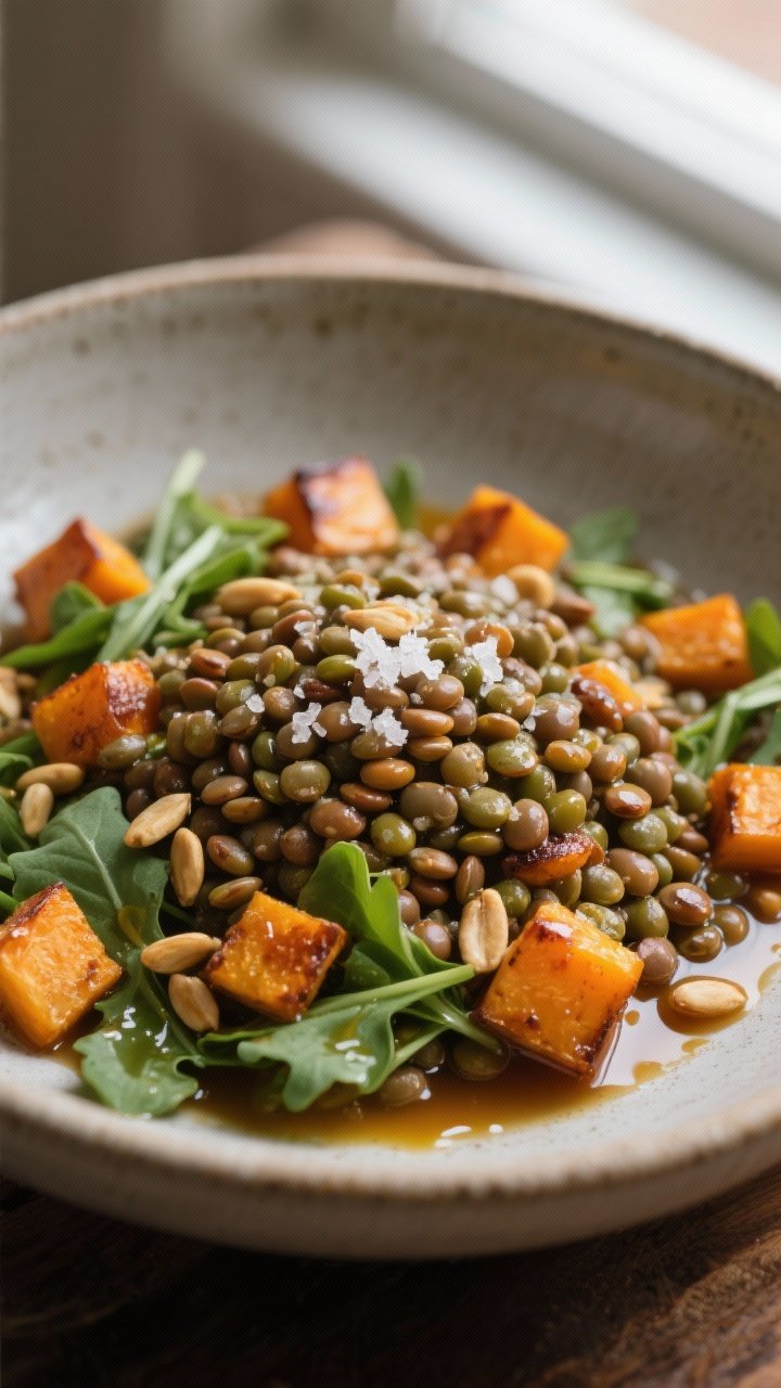 45-degree harvest-style Lentil Bowl with Maple-Mustard Vinaigrette: mound of French green/brown lentils cooked in vegetable broth, roasted butternut squash cubes caramelized at edges, baby greens and toasted pepitas; glossy maple-mustard vinaigrette drizzled over, a few flakes of sea salt; matte stoneware bowl, autumnal tones, soft window light for cozy, wholesome feel.