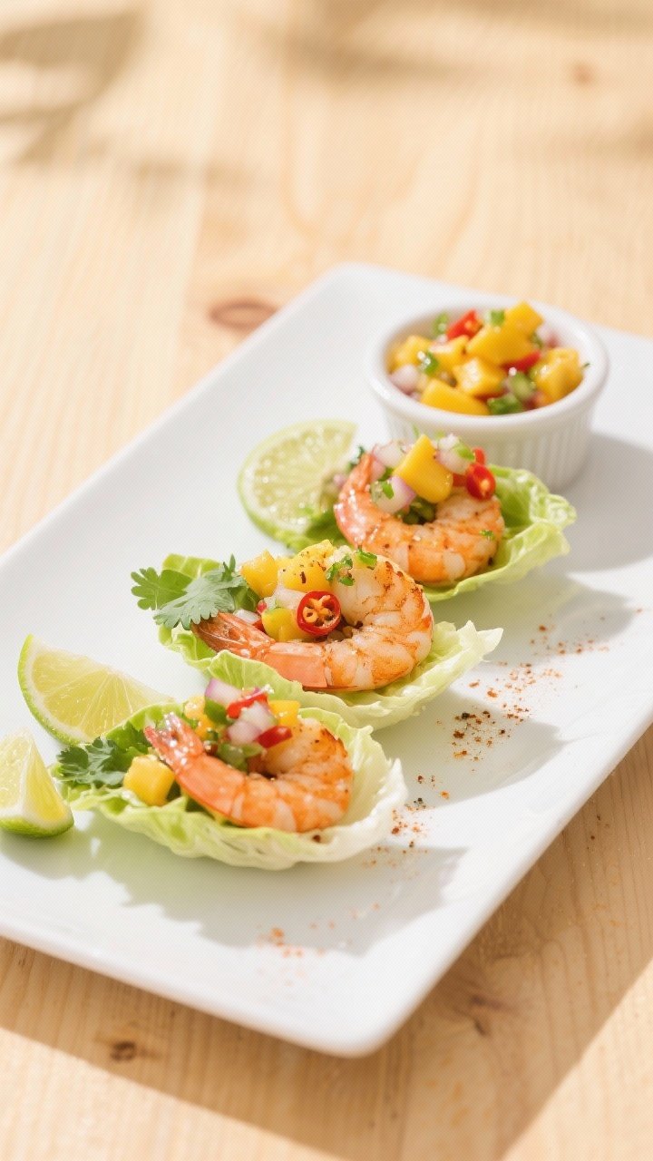 45-degree plated presentation: chili-lime shrimp nestled in crisp butter lettuce cups, topped with vibrant mango pico de gallo; visible lime zest, chili powder dusting, cumin warmth, and a hint of smoked paprika; garnished with lime wedges and extra cilantro; small ramekin of mango pico on the side; clean white plate on a light wood table, bright tropical mood, high clarity.