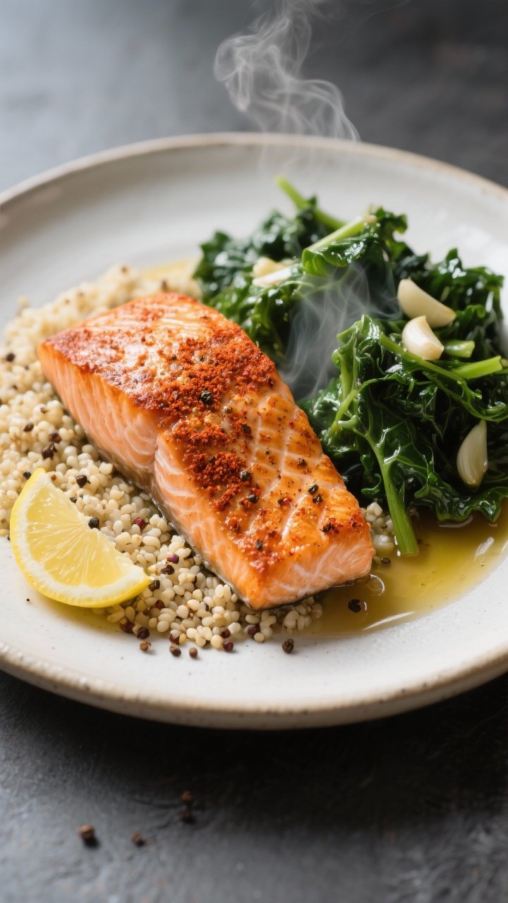 45-degree plated presentation: crispy-skinned smoky paprika salmon fillets dusted with smoked paprika, cumin, sea salt, and black pepper, set atop fluffy quinoa; side of garlicky sautéed kale glistening with olive oil, steam rising; low-sodium broth-glossed quinoa grains defined; garnished with a lemon wedge and a sprinkle of cracked pepper; ceramic off-white plate on a slate backdrop, moody light with directional highlights on the salmon skin.