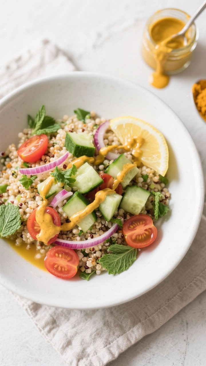 45-degree plated presentation of a zesty quinoa bowl: fluffy quinoa cooked in vegetable broth topped with diced cucumber, halved cherry tomatoes, thinly sliced red onion, and a generous drizzle of golden turmeric tahini; scattered fresh herbs (parsley and mint), lemon wedge on the side; colors pop against a matte white bowl on a light linen, with a small jar of turmeric tahini and a spoon trailing sauce; crisp, fresh, de-bloating vibe.