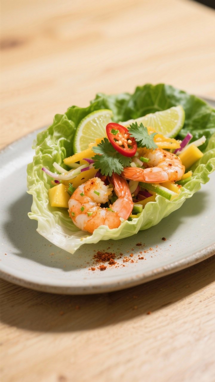 45-degree plated scene of Chili-Lime Shrimp Lettuce Cups with Mango Slaw: plump shrimp tossed with lime juice and zest, chili powder, cumin, smoked paprika, sea salt, and a hint of cayenne, nestled in crisp butter lettuce leaves; topped with vibrant mango slaw (julienned mango with lime) and a squeeze of lime; garnished with cilantro and thin chili slices; bright, tropical color palette, shallow depth of field, matte ceramic platter on a light wood table.