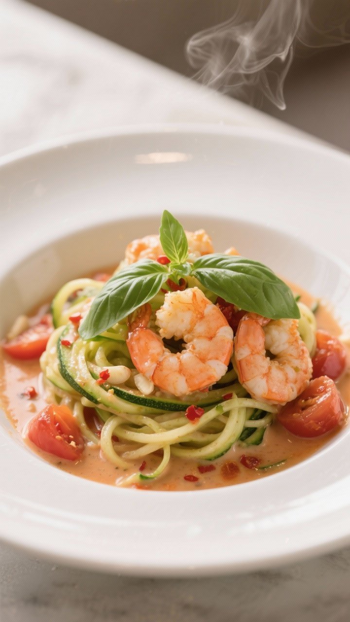 45-degree plated spiralized zucchini “zoodles” topped with creamy tomato basil shrimp: large shrimp nestled in a silky sauce of crushed tomatoes and light coconut milk (or half-and-half), minced garlic and a hint of red pepper flakes; fresh basil ribbons scattered on top; sauce clinging to zoodles in a shallow white bowl. Warm, inviting light with gentle steam for a comforting yet light feel.