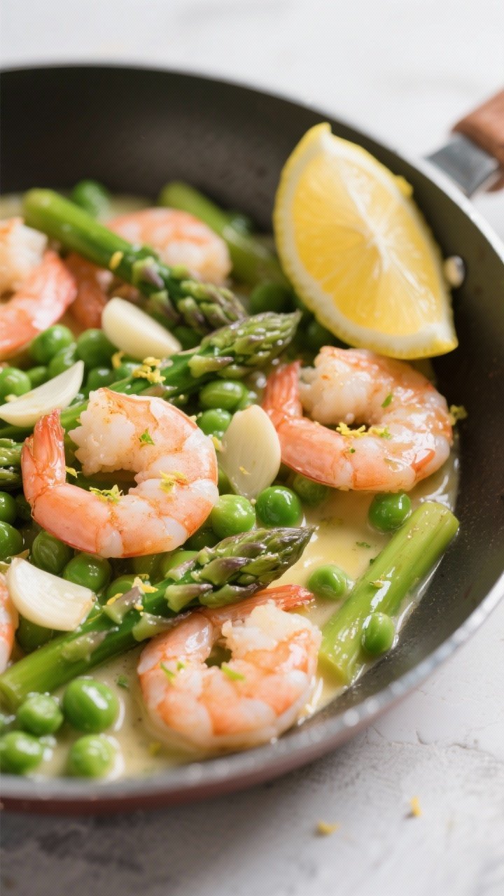 45-degree shot of sautéed shrimp with asparagus and peas in a garlic-lemon butter sauce: plump pink shrimp, bright green asparagus pieces, and sweet peas glistening; thin garlic slices visible; lemon zest sprinkled on top; served in a shallow stainless skillet with a wedge of lemon and a drizzle trail of butter; crisp spring colors and clean highlights.