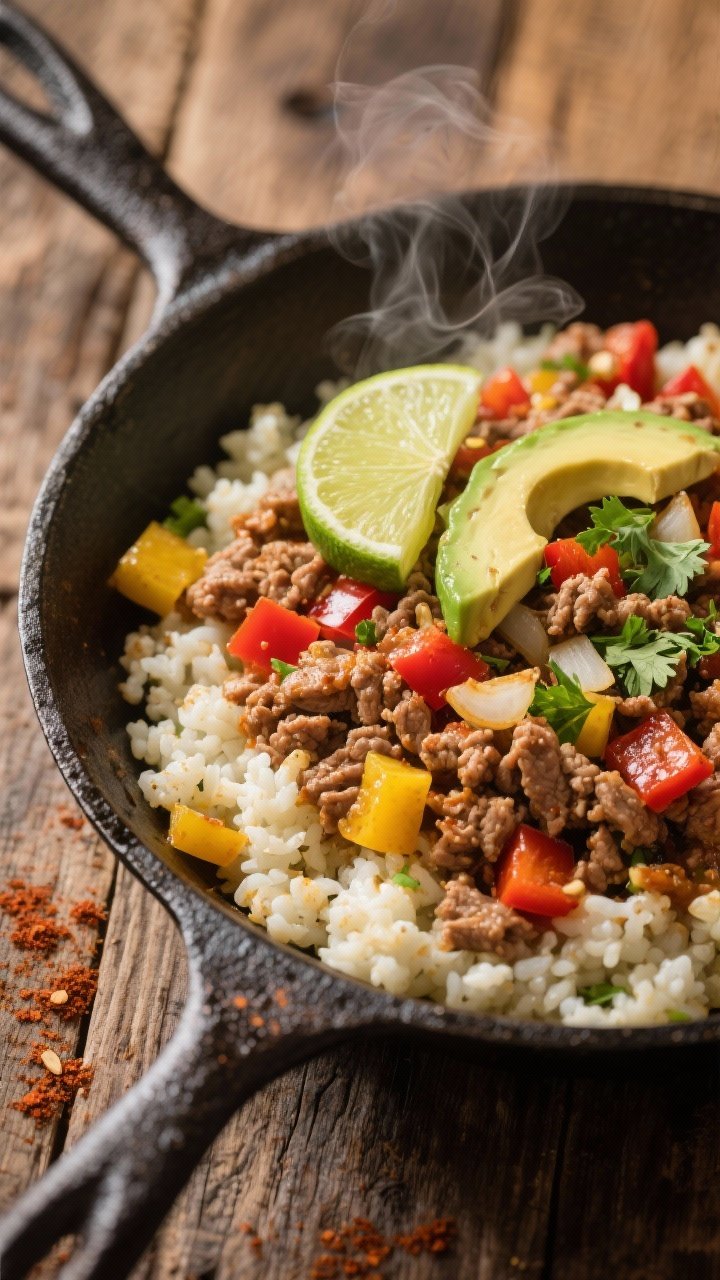 45-degree skillet shot: one-skillet turkey taco bowls filling — lean ground turkey sautéed with diced yellow onion, red bell pepper, minced garlic, chili powder, ground cumin, and smoked paprika — spooned over fluffy cauliflower rice in the same pan; garnished with lime wedges, avocado slices, and chopped cilantro; warm, cozy tones, steam rising, cast-iron skillet on a rustic wood table.