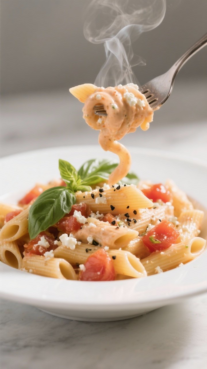 45-degree twirl shot of Creamy Tomato-Basil Cottage Cheese Pasta: high-fiber penne coated in a silky blend of cottage cheese and drained diced tomatoes, scented with minced garlic and dried Italian seasoning; ribbons of fresh basil and a crack of black pepper on top; steam rising as a fork lifts a twirl from a wide white bowl; warm daylight, clean modern styling, subtle parmesan dusting optional.