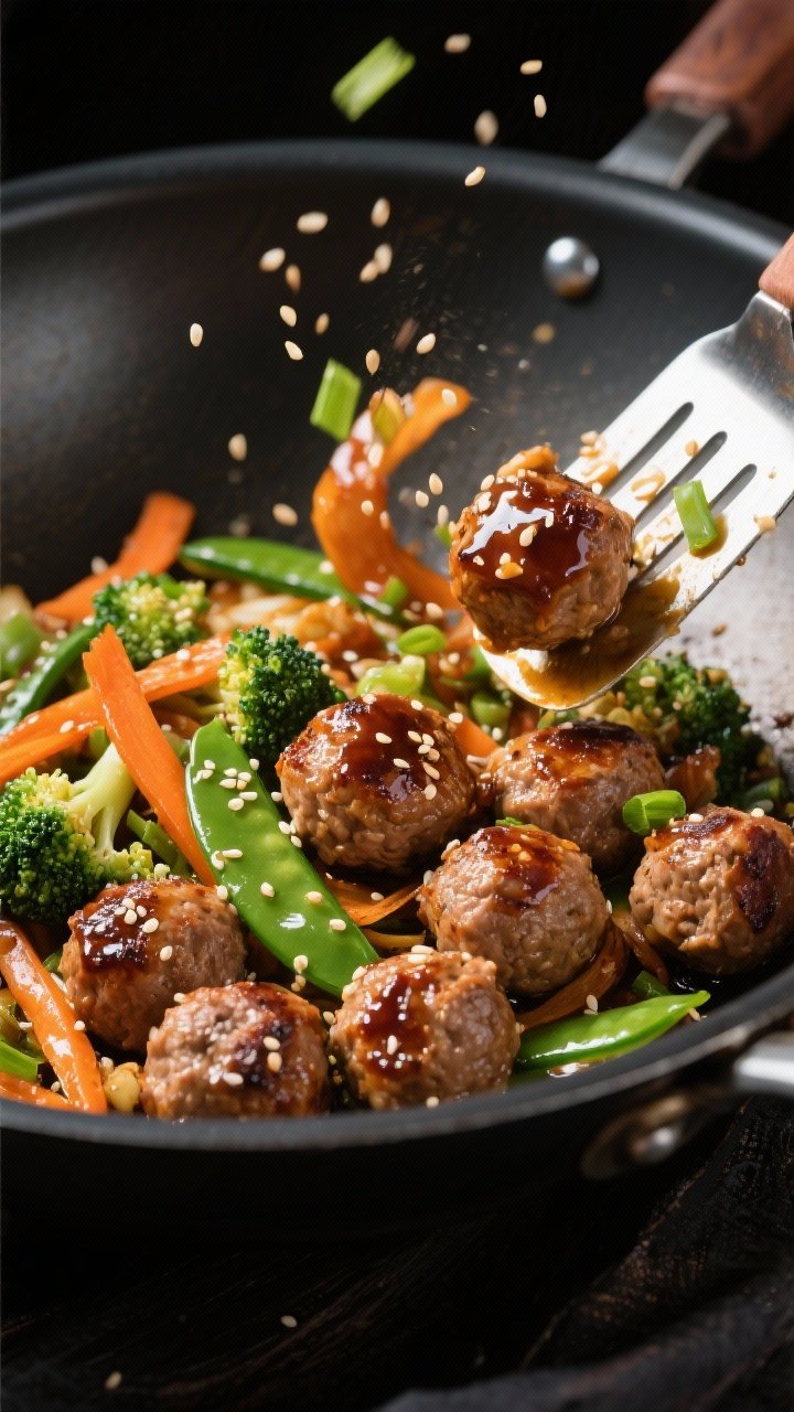 45-degree wok shot: ginger-garlic turkey meatballs seared to a deep brown, glistening with a light soy-tamari and sesame glaze thickened with cornstarch; sesame veggie stir-fry alongside — broccoli, snap peas, and carrot ribbons — sprinkled with toasted sesame seeds and sliced scallions; dynamic motion with a spatula mid-stir, high-contrast lighting.