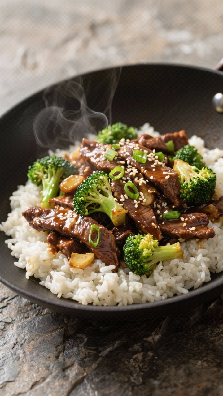 45-degree wok-to-bowl transition: glossy ginger-garlic beef strips (flank steak) stir-fried with bright broccoli florets, lightly thickened with arrowroot, seasoned with coconut aminos, rice vinegar, and a hint of sesame oil; served over snowy cauliflower rice with distinct granules; sesame seeds and thin scallion slivers sprinkled on top; sauce clinging to beef, gentle steam, dark ceramic bowl on a textured stone surface.