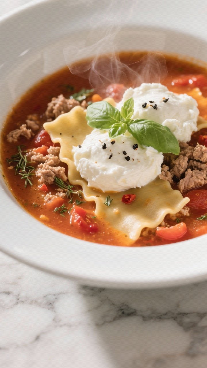 A 45-degree angle bowl shot of lighter lasagna soup: lean ground turkey crumbles, tomato-rich broth with tomato paste, oregano, and a hint of crushed red pepper flakes, broken lasagna noodle pieces peeking through. Dollops of fluffy ricotta “clouds” melting on top, sprinkled with black pepper and torn basil. Steam rising, served in a wide white bowl on a marble surface for an Italian-comfort mood.