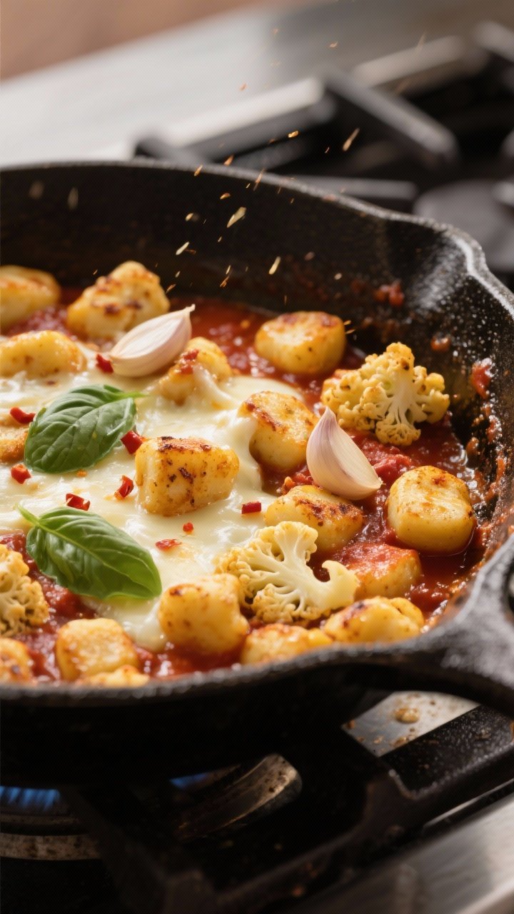 A dynamic 45-degree action shot of a cauliflower gnocchi skillet: golden-seared store-bought cauliflower gnocchi tossed in garlicky marinara, thin slices of garlic visible, a hint of red pepper flakes, and melted low-moisture mozzarella stretching between gnocchi pieces. Bubbly sauce edges, basil leaves for freshness. Cast-iron skillet on a stovetop grate, warm side lighting for appetizing gloss.